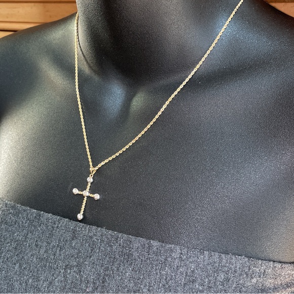 Real 14K Yellow Gold Natural Diamond Bezel Religious Cross Pendant Rope Necklace - Picture 12 of 17
